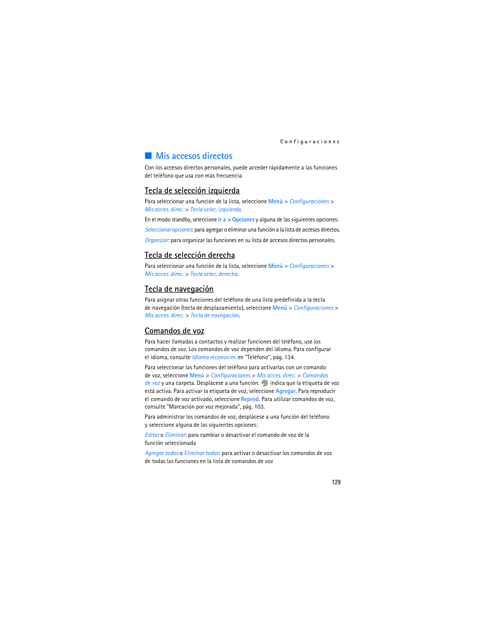 Mis accesos directos, Tecla de selección izquierda, Tecla de selección derecha | Tecla de navegación, Comandos de voz | Nokia 7373 User Manual | Page 130 / 177