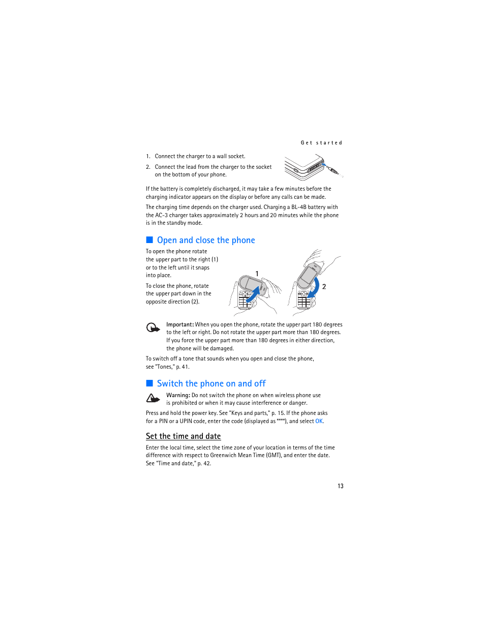 Open and close the phone, Switch the phone on and off, Set the time and date | Nokia 7373 User Manual | Page 14 / 177