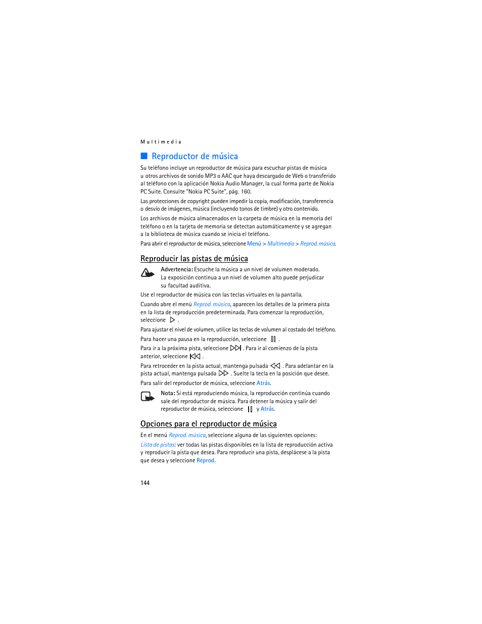Reproductor de música, Reproducir las pistas de música, Opciones para el reproductor de música | Nokia 7373 User Manual | Page 145 / 177