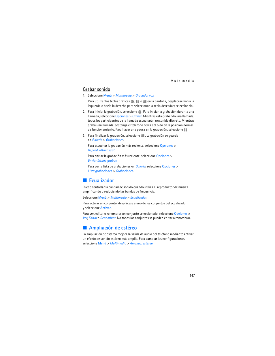 Ecualizador, Ampliación de estéreo, Ecualizador ampliación de estéreo | Grabar sonido | Nokia 7373 User Manual | Page 148 / 177