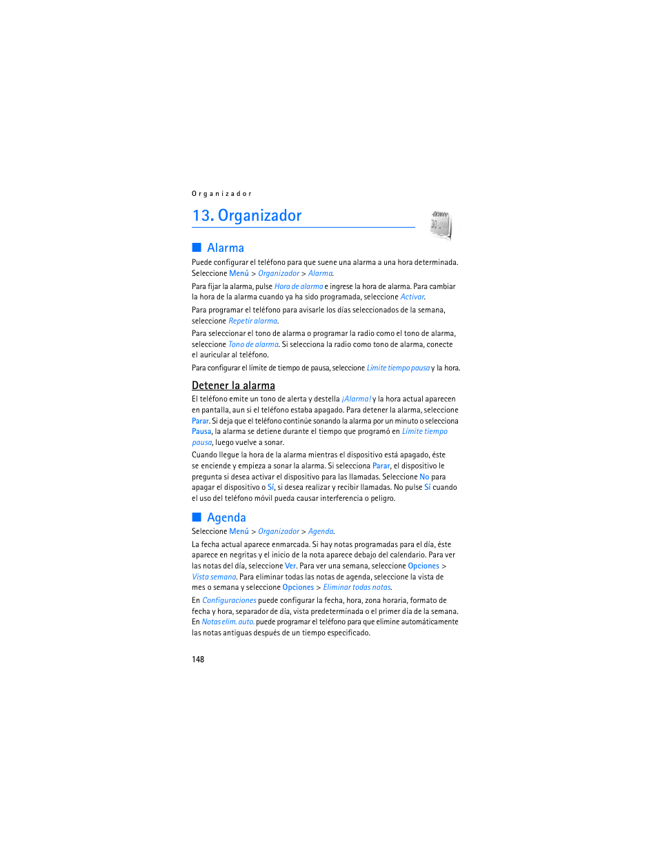 Organizador, Alarma, Agenda | Alarma agenda, Detener la alarma | Nokia 7373 User Manual | Page 149 / 177