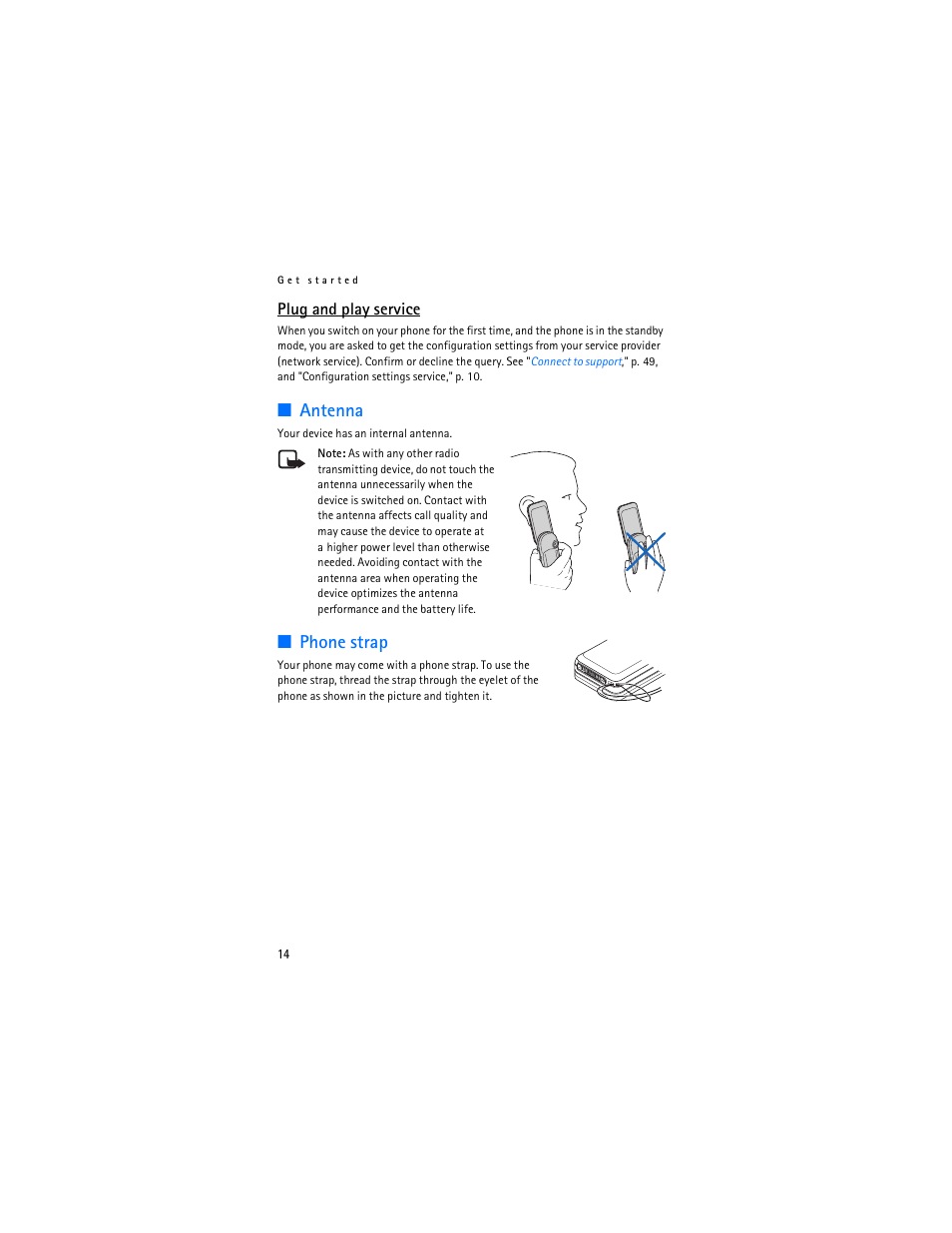 Antenna, Phone strap, Antenna phone strap | Plug and play service | Nokia 7373 User Manual | Page 15 / 177