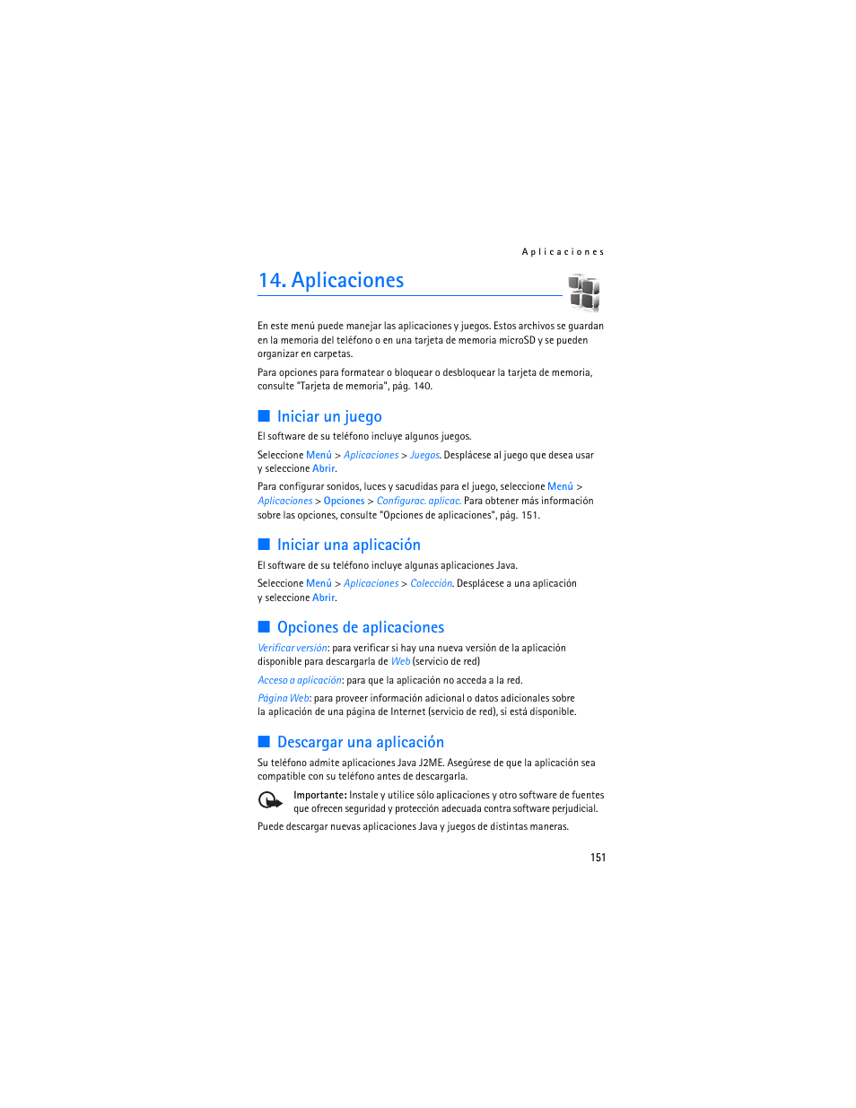 Aplicaciones, Iniciar un juego, Iniciar una aplicación | Opciones de aplicaciones, Descargar una aplicación | Nokia 7373 User Manual | Page 152 / 177