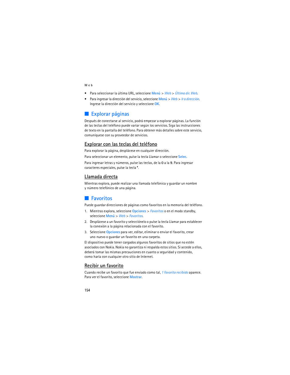 Favoritos, Explorar páginas, Explorar con las teclas del teléfono | Llamada directa, Recibir un favorito | Nokia 7373 User Manual | Page 155 / 177