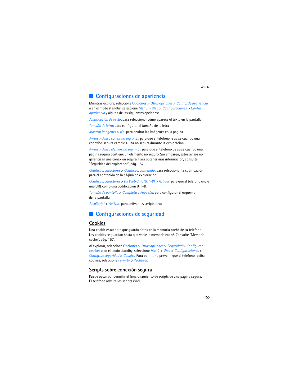 Configuraciones de apariencia, Configuraciones de seguridad, Cookies | Scripts sobre conexión segura | Nokia 7373 User Manual | Page 156 / 177