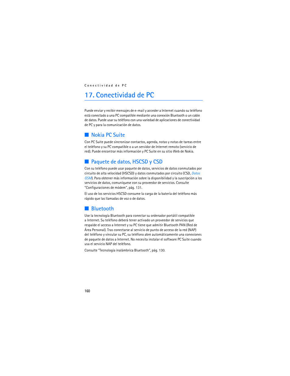 Conectividad de pc, Nokia pc suite, Paquete de datos, hscsd y csd | Bluetooth | Nokia 7373 User Manual | Page 161 / 177