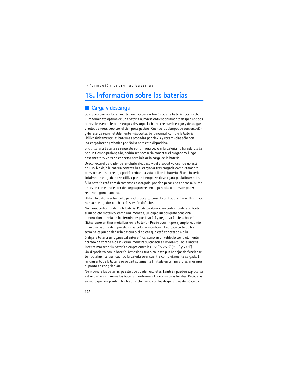 Información sobre las baterías, Carga y descarga, Información sobre | Las baterías | Nokia 7373 User Manual | Page 163 / 177