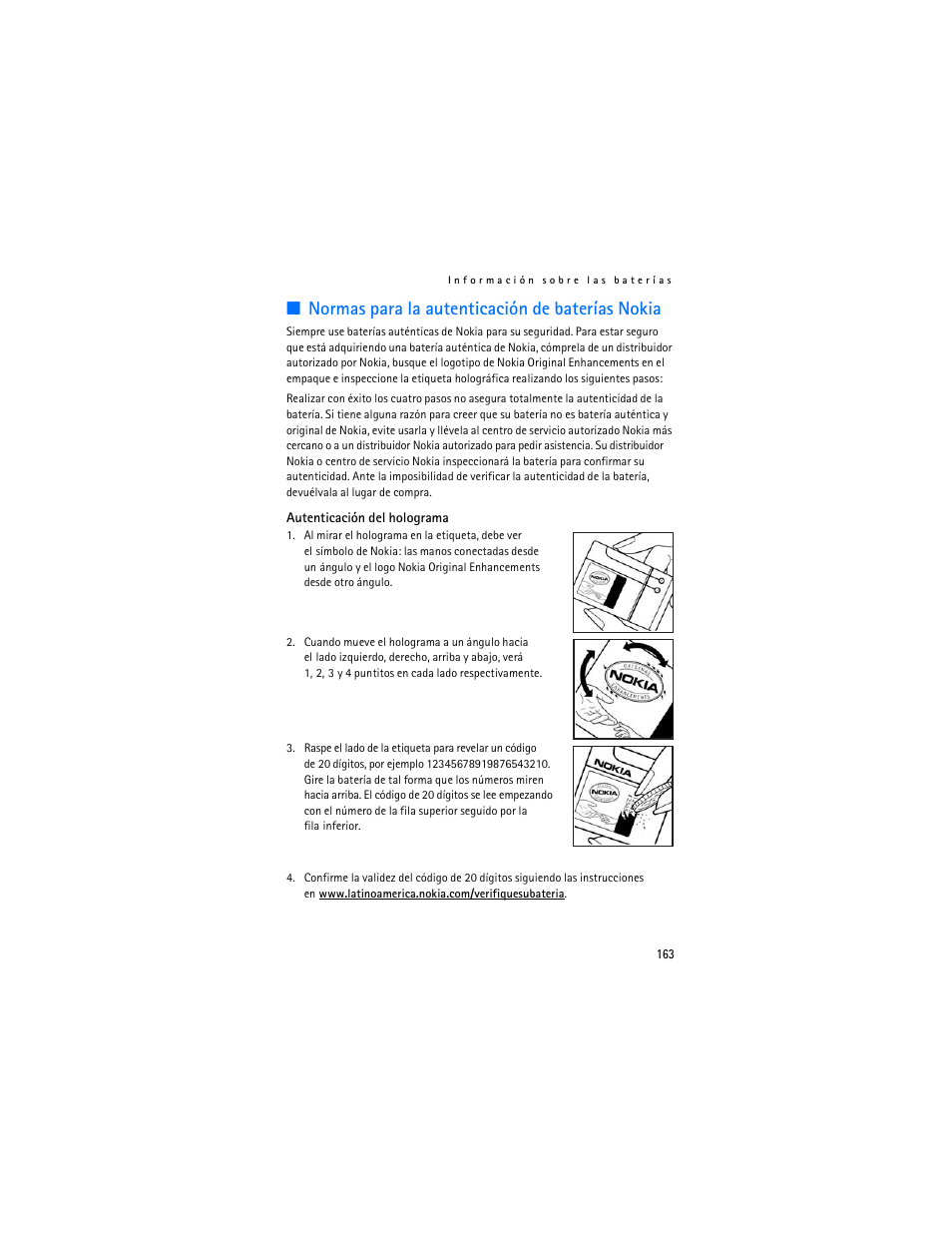 Normas para la autenticación de baterías nokia | Nokia 7373 User Manual | Page 164 / 177