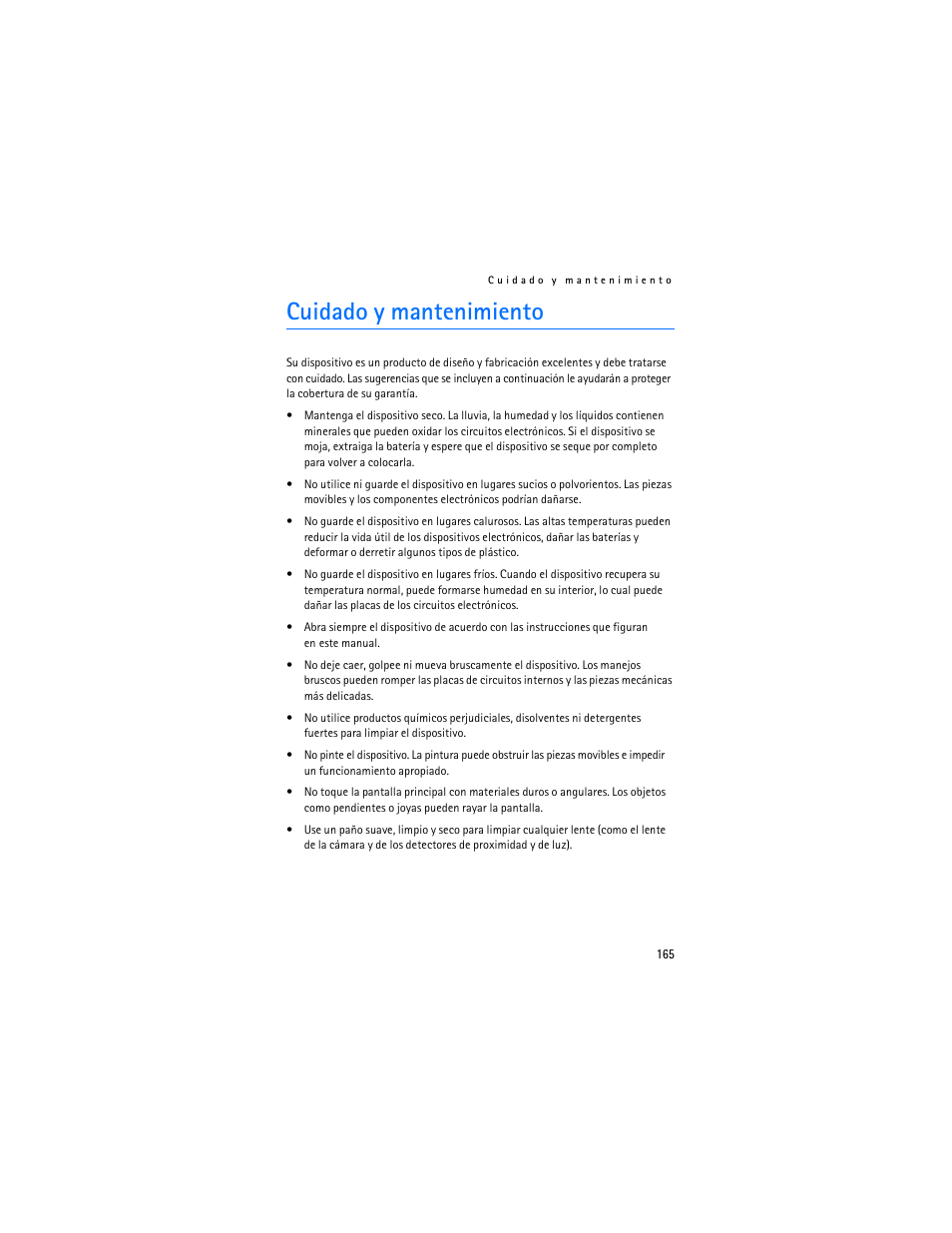 Cuidado y mantenimiento | Nokia 7373 User Manual | Page 166 / 177
