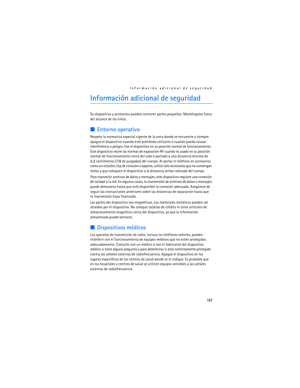 Información adicional de seguridad, Entorno operativo, Dispositivos médicos | Nokia 7373 User Manual | Page 168 / 177