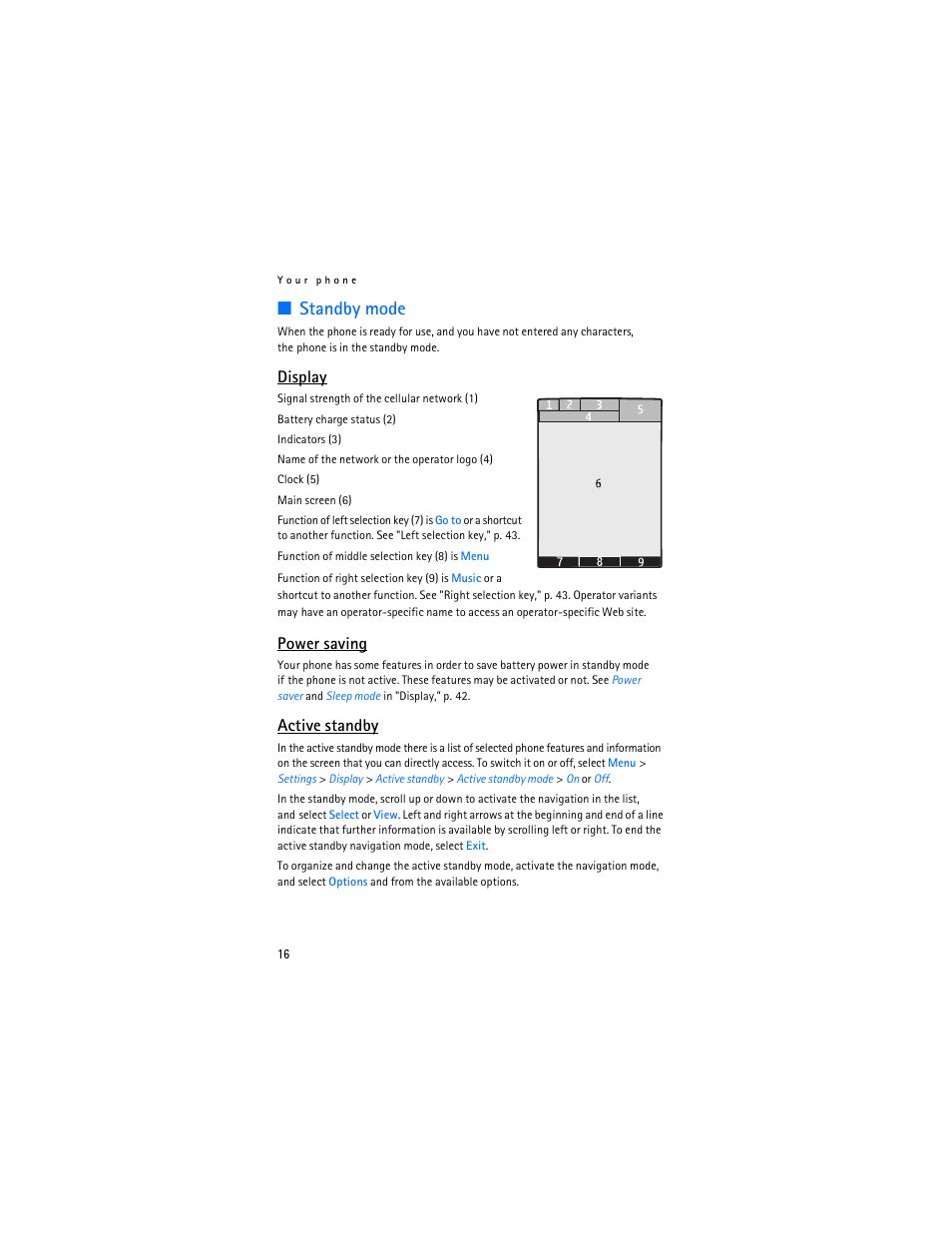 Standby mode, Display, Power saving | Active standby | Nokia 7373 User Manual | Page 17 / 177