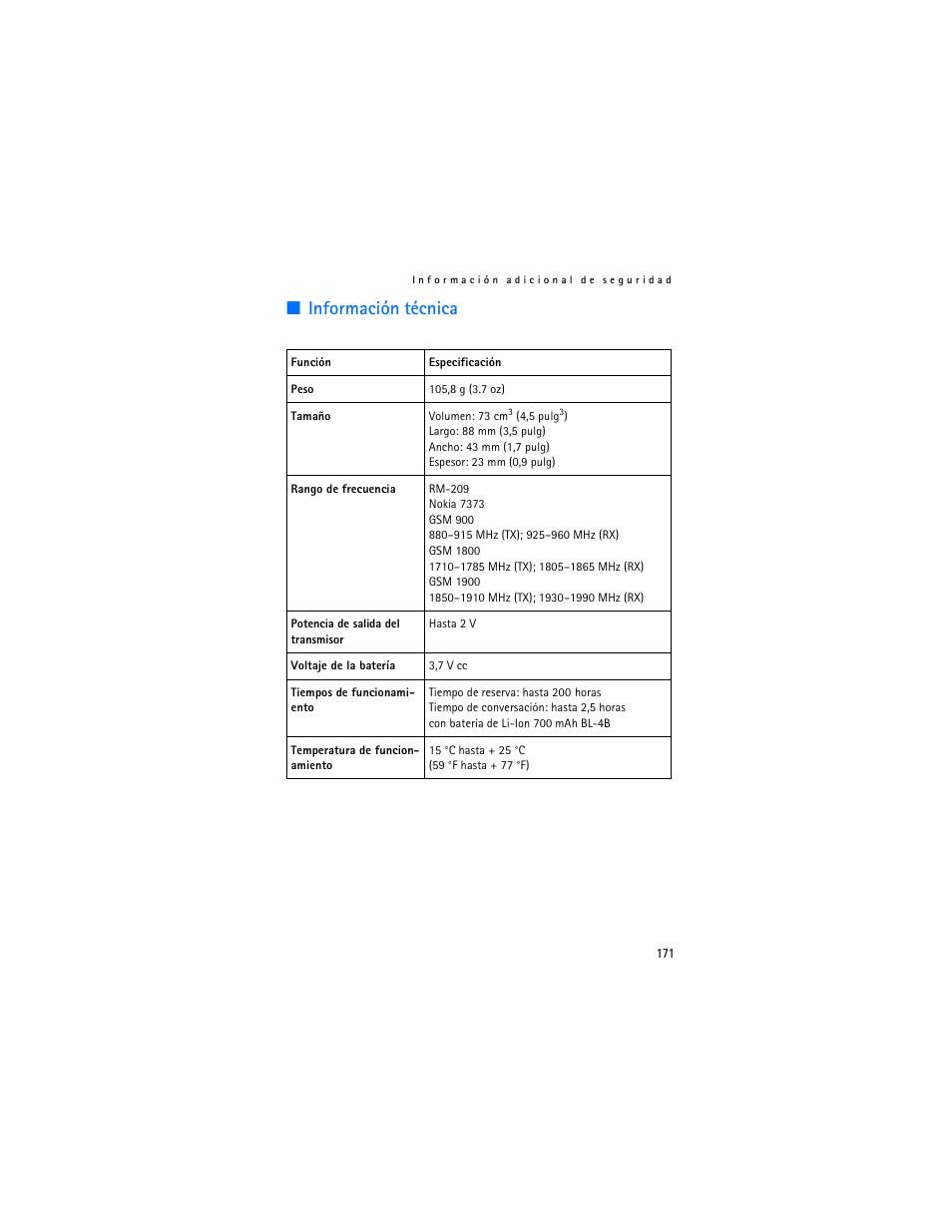 Información técnica | Nokia 7373 User Manual | Page 172 / 177