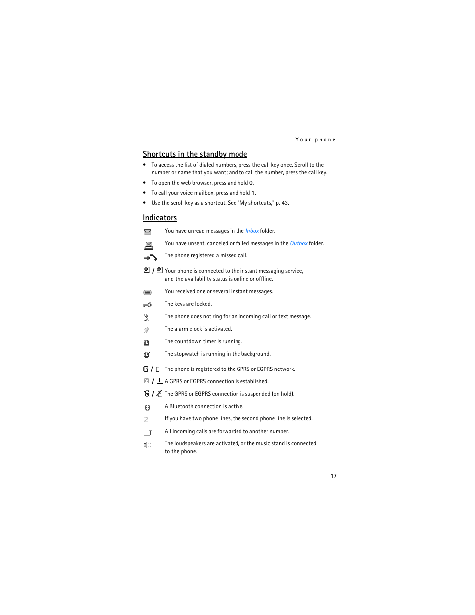 Shortcuts in the standby mode, Indicators | Nokia 7373 User Manual | Page 18 / 177