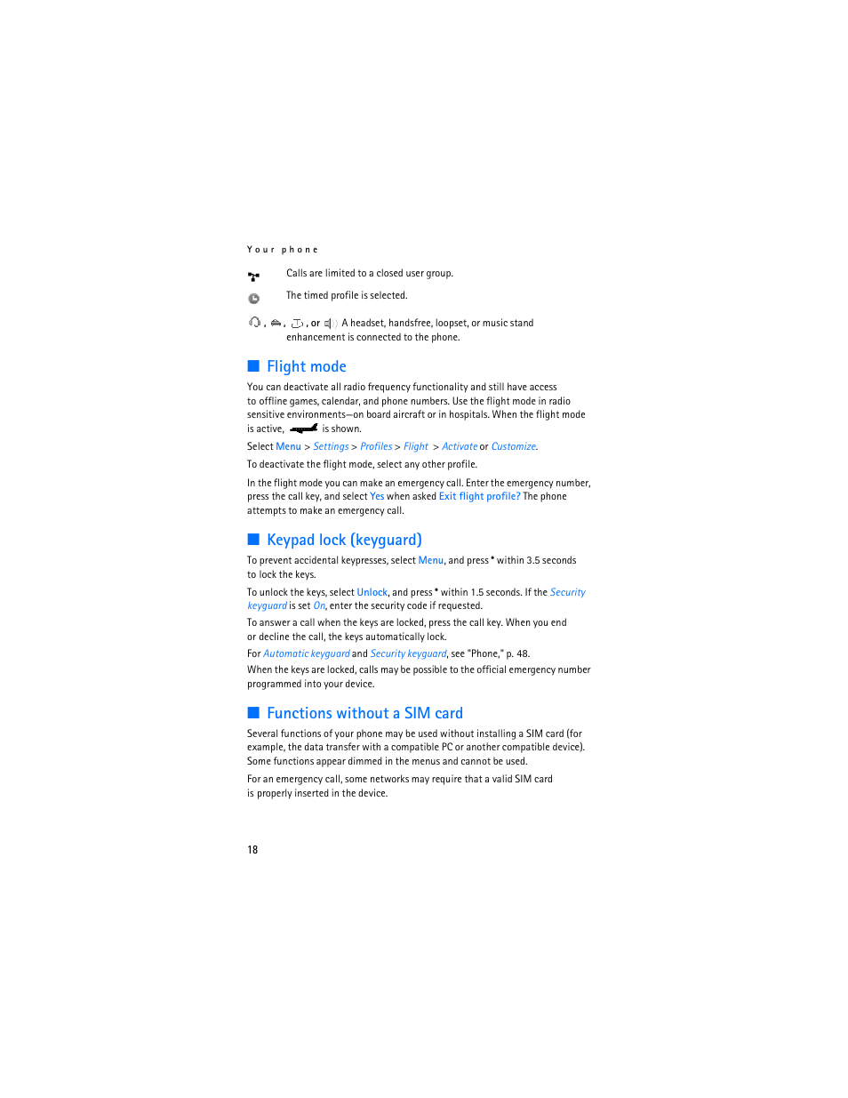 Flight mode, Keypad lock (keyguard), Functions without a sim card | Nokia 7373 User Manual | Page 19 / 177