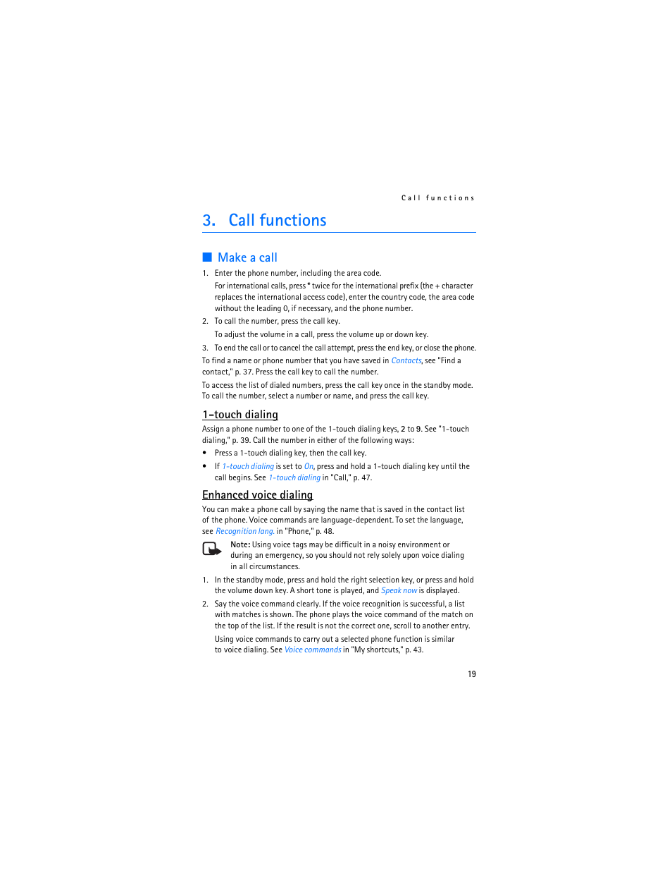 Call functions, Make a call, Touch dialing | Enhanced voice dialing | Nokia 7373 User Manual | Page 20 / 177