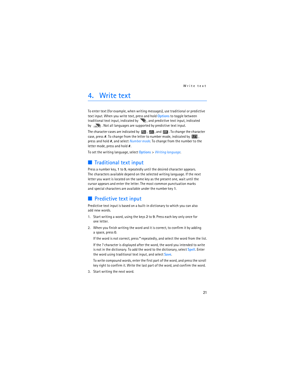 Write text, Traditional text input, Predictive text input | Traditional text input predictive text input | Nokia 7373 User Manual | Page 22 / 177