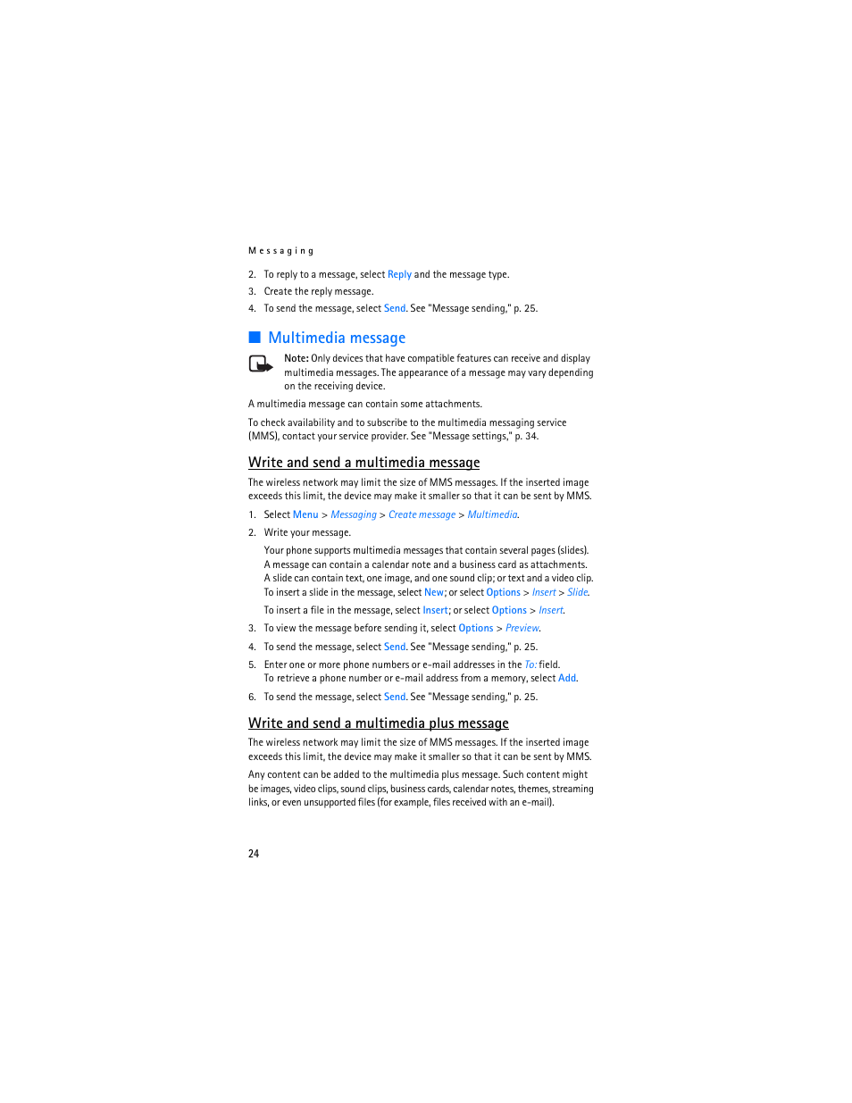 Multimedia message, Write and send a multimedia message, Write and send a multimedia plus message | Nokia 7373 User Manual | Page 25 / 177