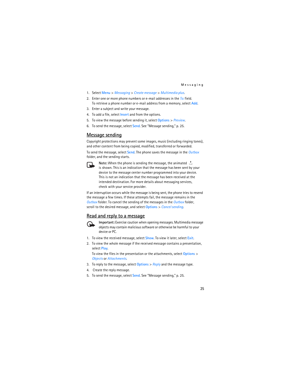 Message sending, Message sending," p. 25, Read and reply to a message | Nokia 7373 User Manual | Page 26 / 177