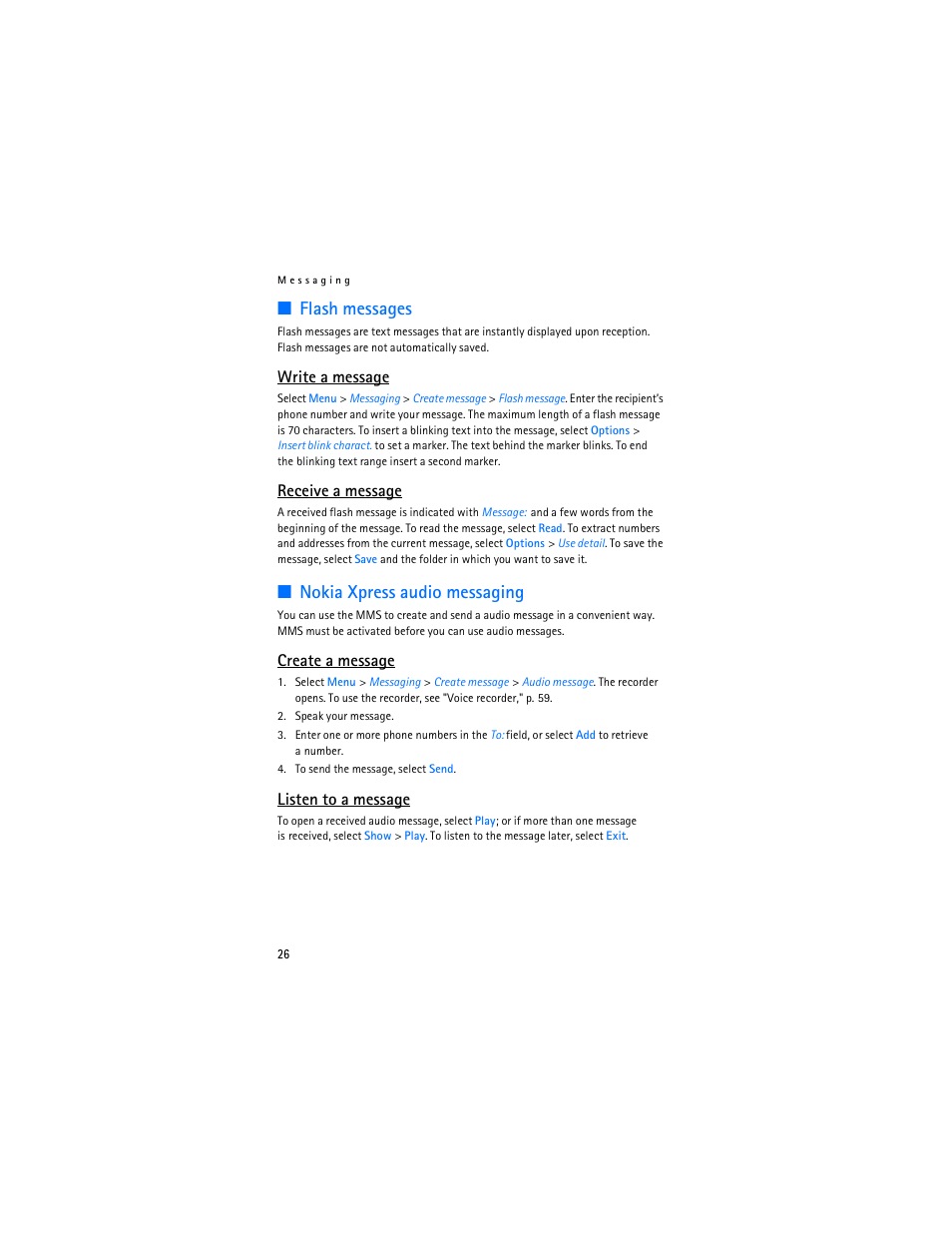 Flash messages, Nokia xpress audio messaging, Flash messages nokia xpress audio messaging | Write a message, Receive a message, Create a message, Listen to a message | Nokia 7373 User Manual | Page 27 / 177