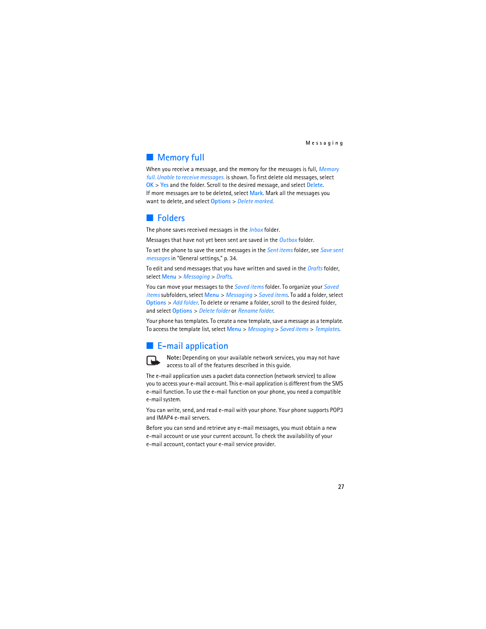 Memory full, Folders, E-mail application | Memory full folders e-mail application | Nokia 7373 User Manual | Page 28 / 177