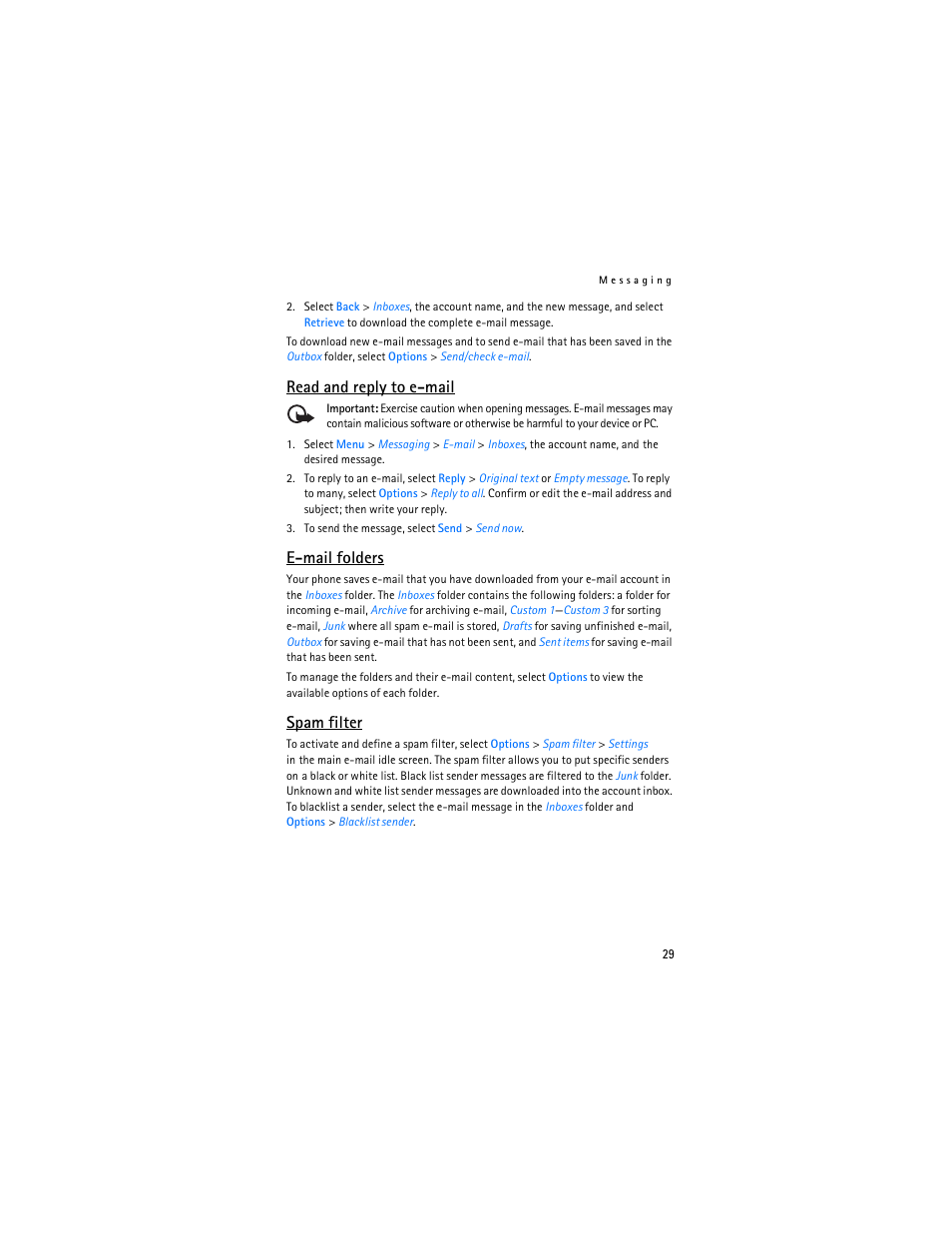Read and reply to e-mail, E-mail folders, Spam filter | Nokia 7373 User Manual | Page 30 / 177