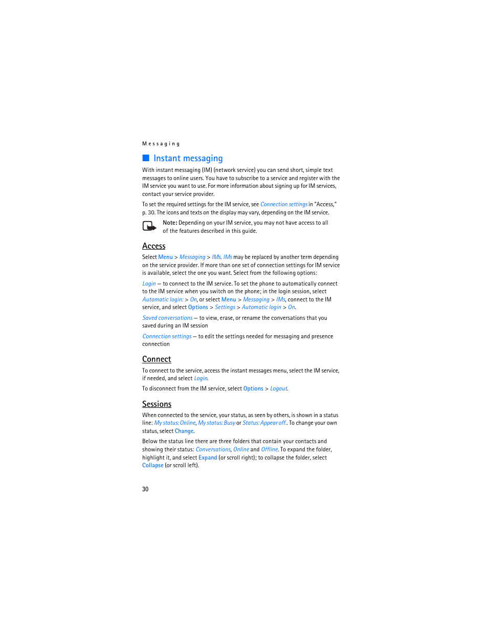 Instant messaging, Access, Connect | Sessions | Nokia 7373 User Manual | Page 31 / 177