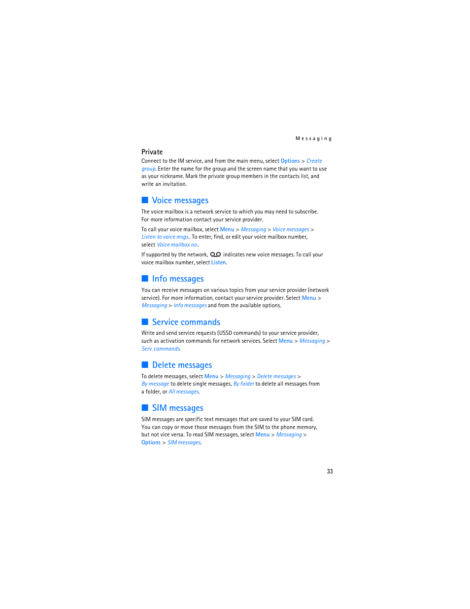 Voice messages, Info messages, Service commands | Delete messages, Sim messages | Nokia 7373 User Manual | Page 34 / 177