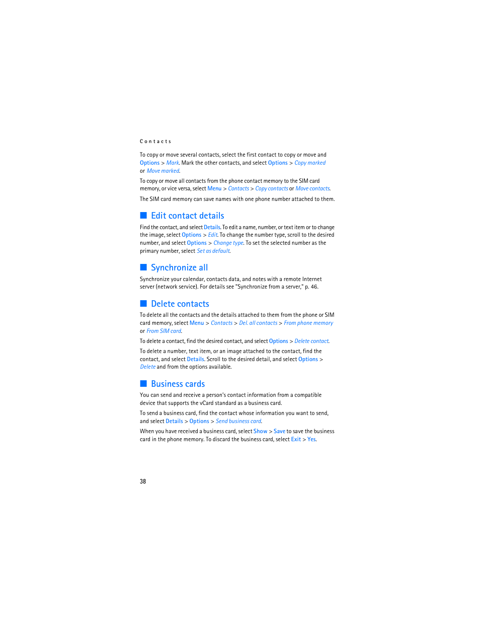 Edit contact details, Synchronize all, Delete contacts | Business cards | Nokia 7373 User Manual | Page 39 / 177