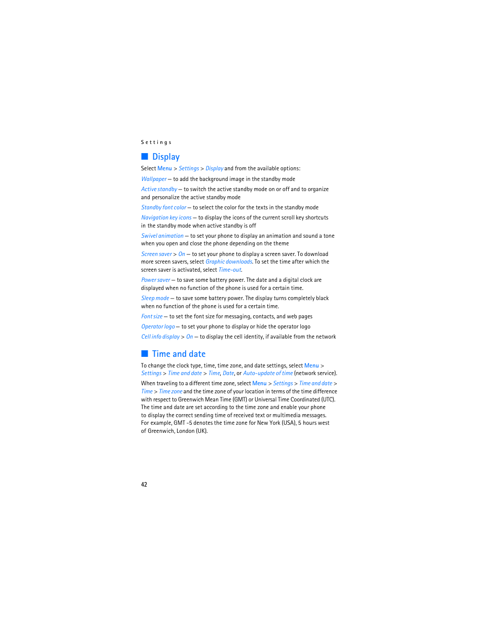 Display, Time and date, Display time and date | In "display | Nokia 7373 User Manual | Page 43 / 177