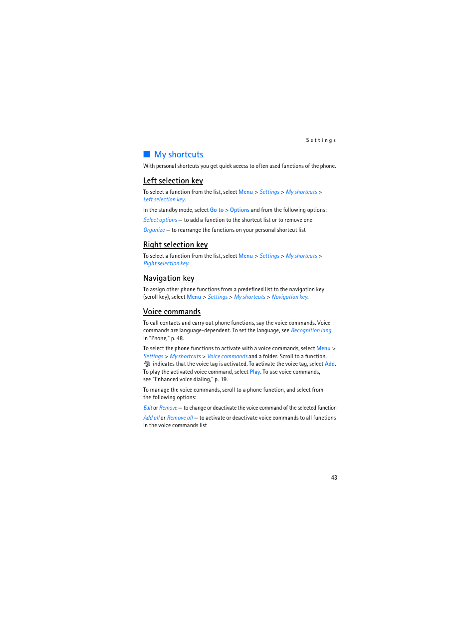 My shortcuts, E "left selection key, Right selection key," p | In "my shortcuts," p. 43, Left selection key, Right selection key, Navigation key, Voice commands | Nokia 7373 User Manual | Page 44 / 177