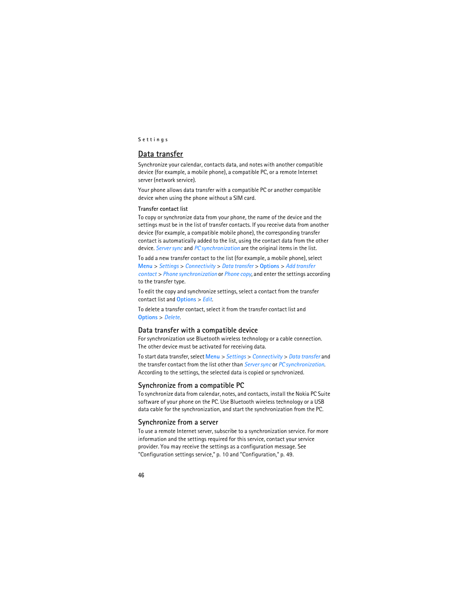 Data transfer | Nokia 7373 User Manual | Page 47 / 177