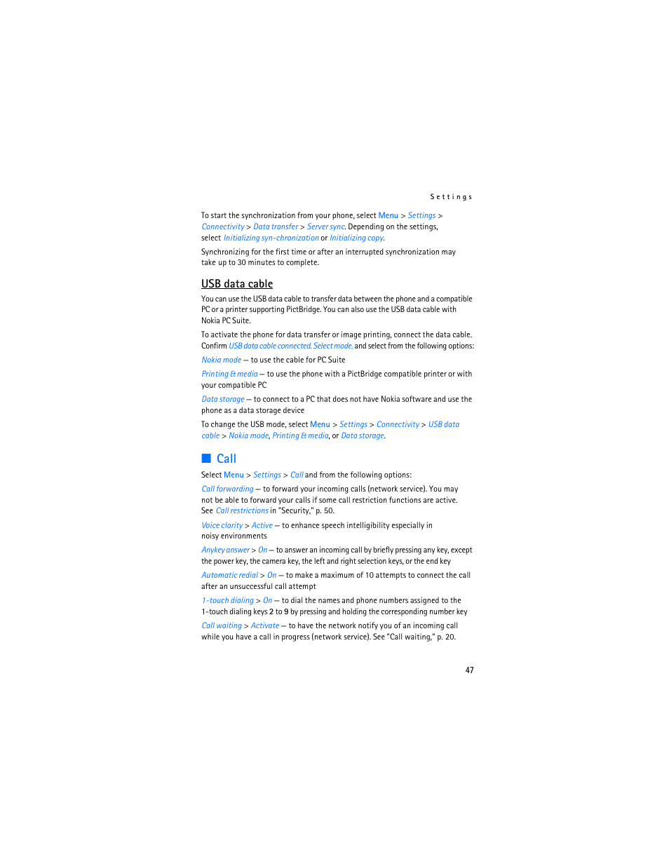 Call, Usb data cable | Nokia 7373 User Manual | Page 48 / 177