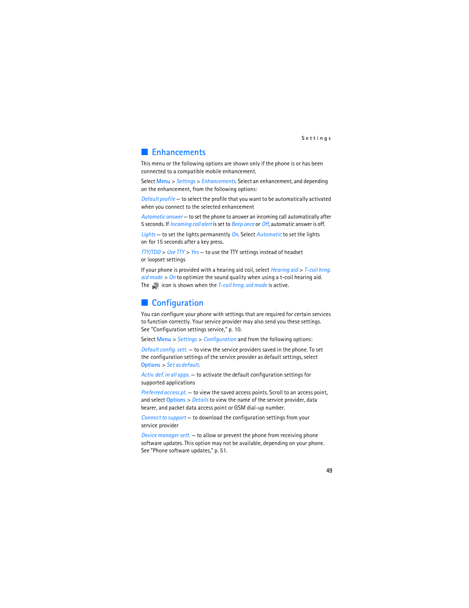 Enhancements, Configuration, Enhancements configuration | Nokia 7373 User Manual | Page 50 / 177