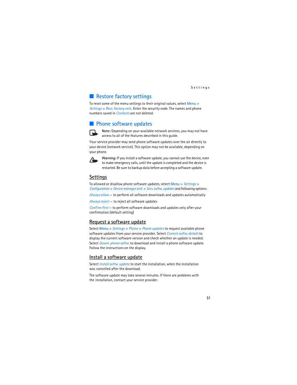 Restore factory settings, Phone software updates, Restore factory settings phone software updates | Settings, Request a software update, Install a software update | Nokia 7373 User Manual | Page 52 / 177