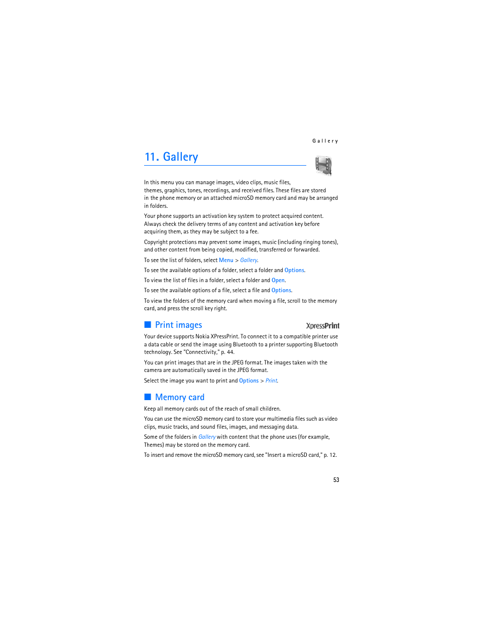 Gallery, Print images, Memory card | Print images memory card | Nokia 7373 User Manual | Page 54 / 177