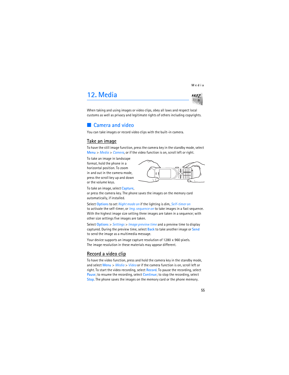 Media, Camera and video, Take an image | Record a video clip | Nokia 7373 User Manual | Page 56 / 177