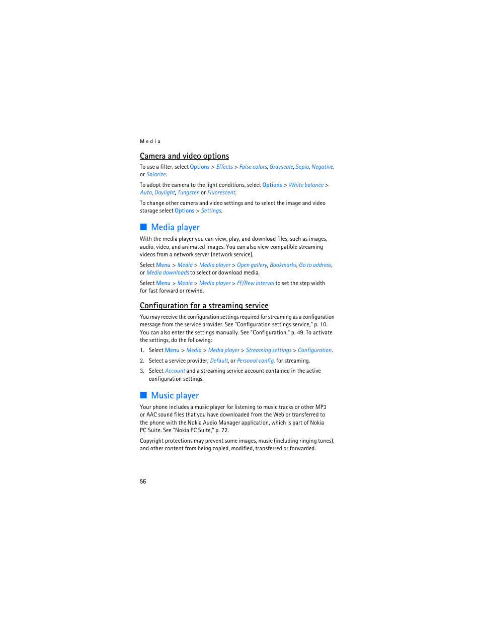 Media player, Music player, Media player music player | Camera and video options, Configuration for a streaming service | Nokia 7373 User Manual | Page 57 / 177