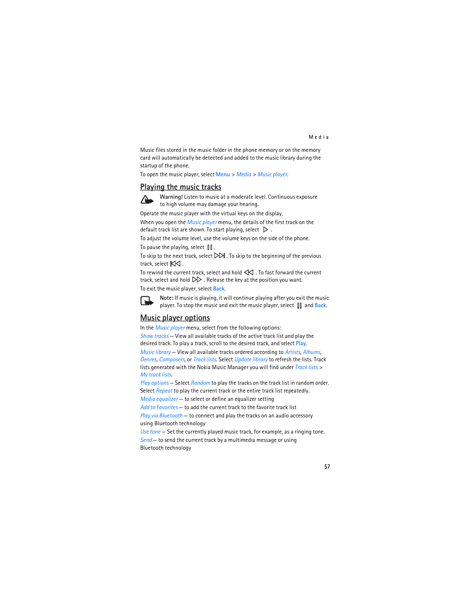 Playing the music tracks, Music player options | Nokia 7373 User Manual | Page 58 / 177