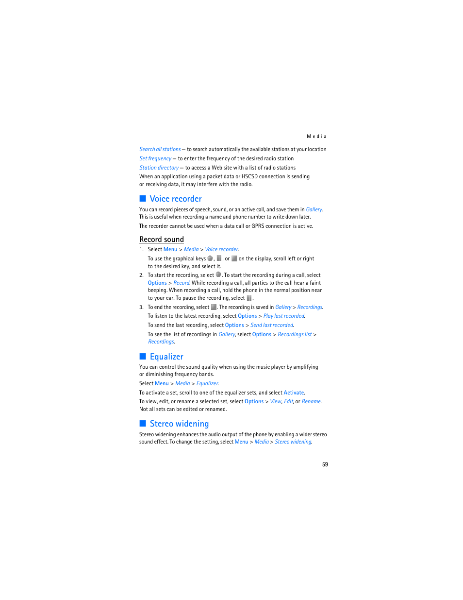 Voice recorder, Equalizer, Stereo widening | Voice recorder equalizer stereo widening, Record sound | Nokia 7373 User Manual | Page 60 / 177