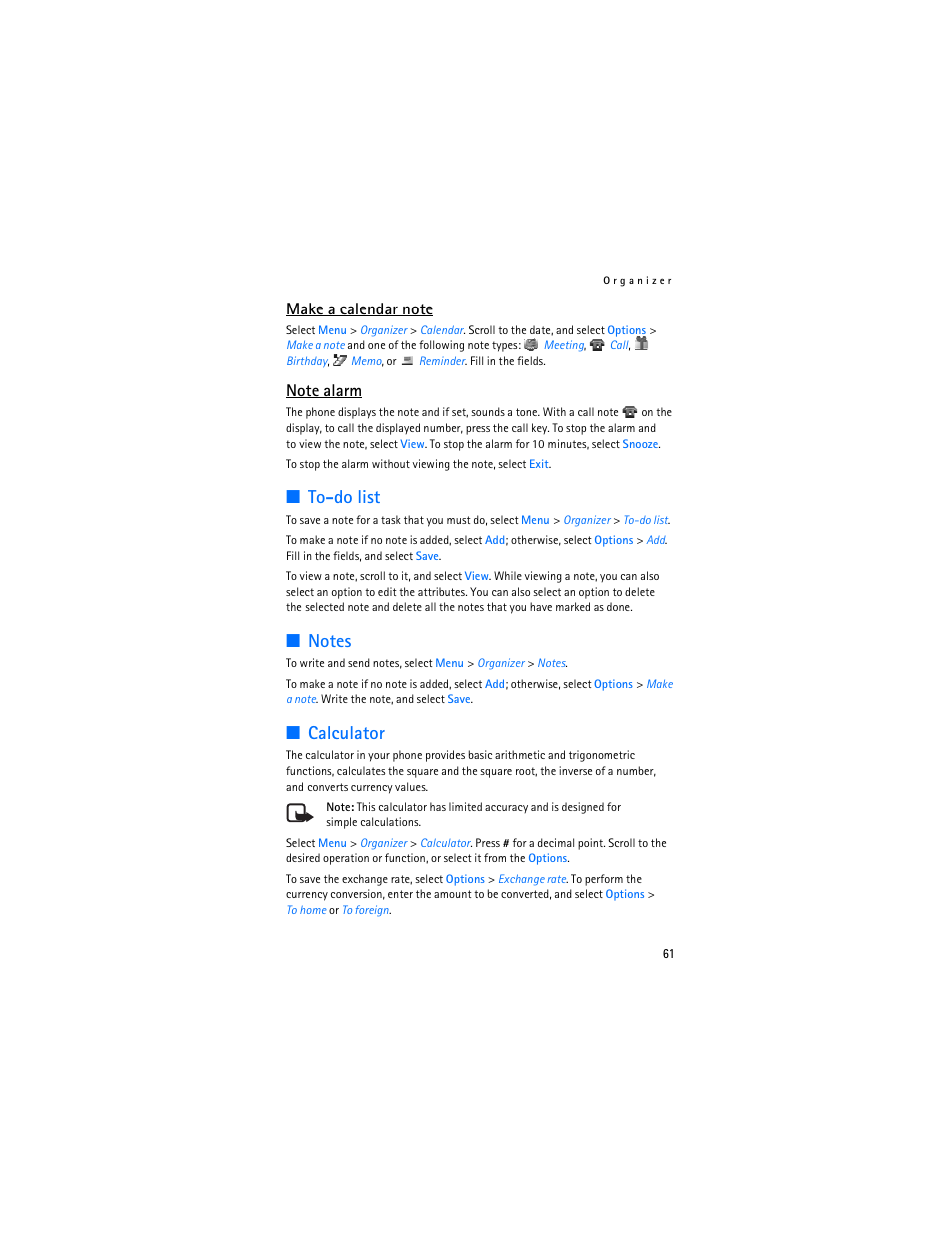 To-do list, Notes, Calculator | To-do list notes calculator | Nokia 7373 User Manual | Page 62 / 177
