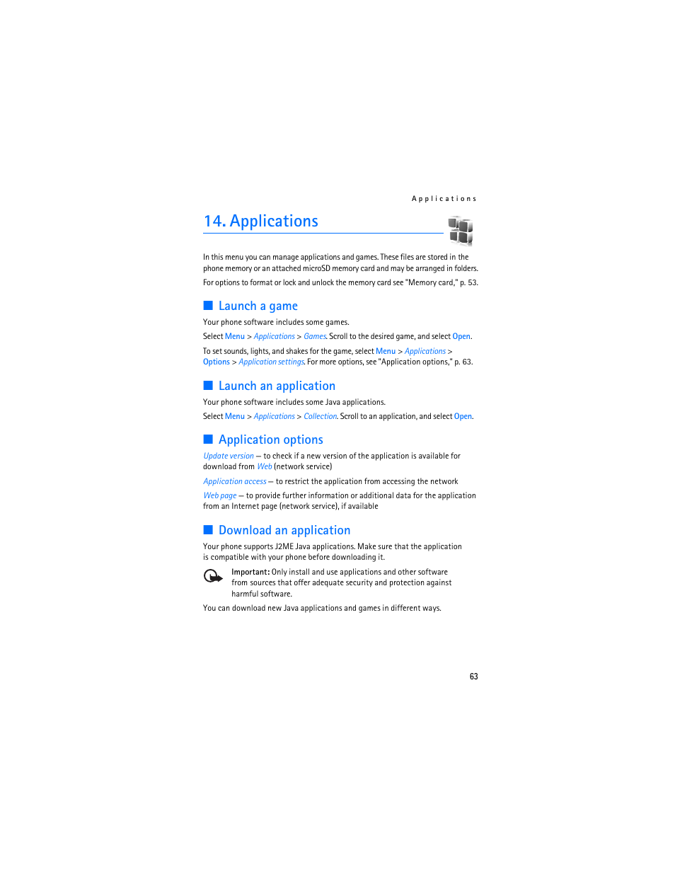 Applications, Launch a game, Launch an application | Application options, Download an application | Nokia 7373 User Manual | Page 64 / 177