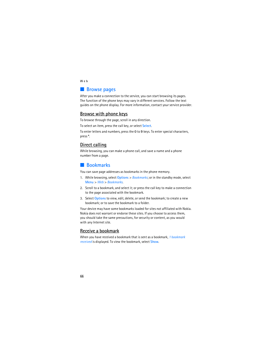 Bookmarks, Browse pages, Browse with phone keys | Direct calling, Receive a bookmark | Nokia 7373 User Manual | Page 67 / 177