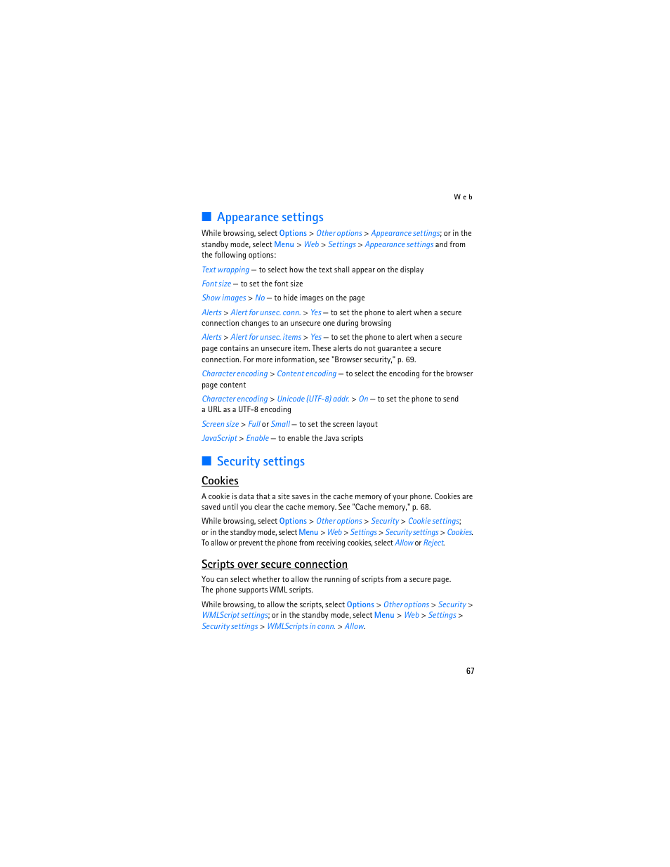 Appearance settings, Security settings, Appearance settings security settings | Cookies, Scripts over secure connection | Nokia 7373 User Manual | Page 68 / 177