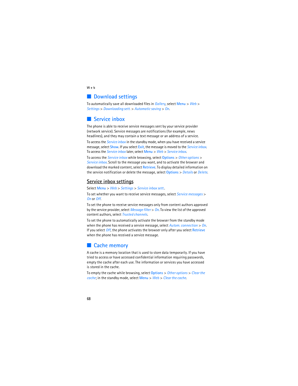 Download settings, Service inbox, Cache memory | Download settings service inbox cache memory, E "cache memory, Service inbox settings | Nokia 7373 User Manual | Page 69 / 177