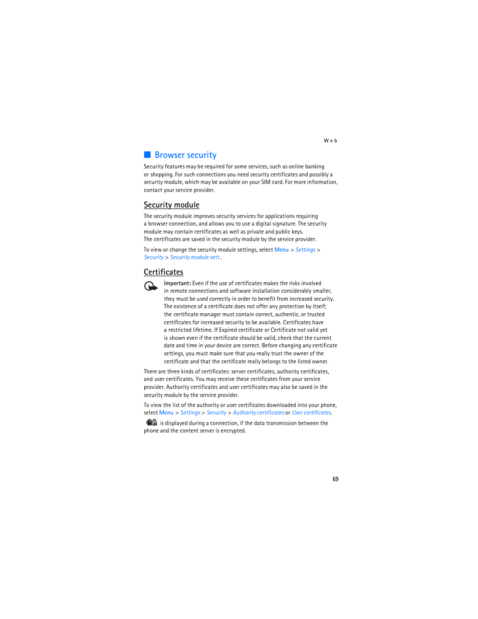 Browser security, Security module, Certificates | Nokia 7373 User Manual | Page 70 / 177