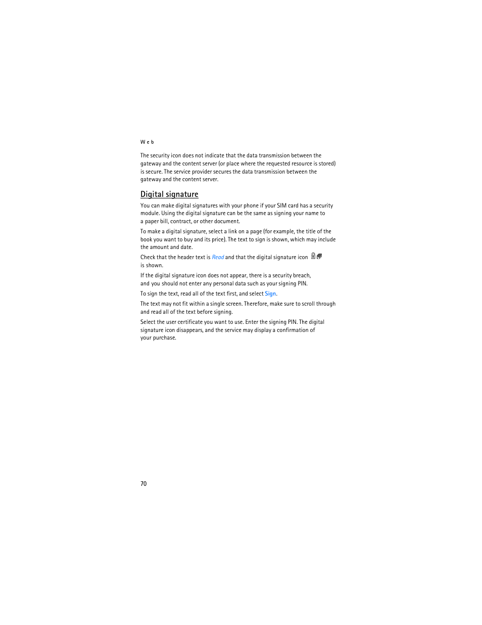 Digital signature," p. 70, Digital signature | Nokia 7373 User Manual | Page 71 / 177