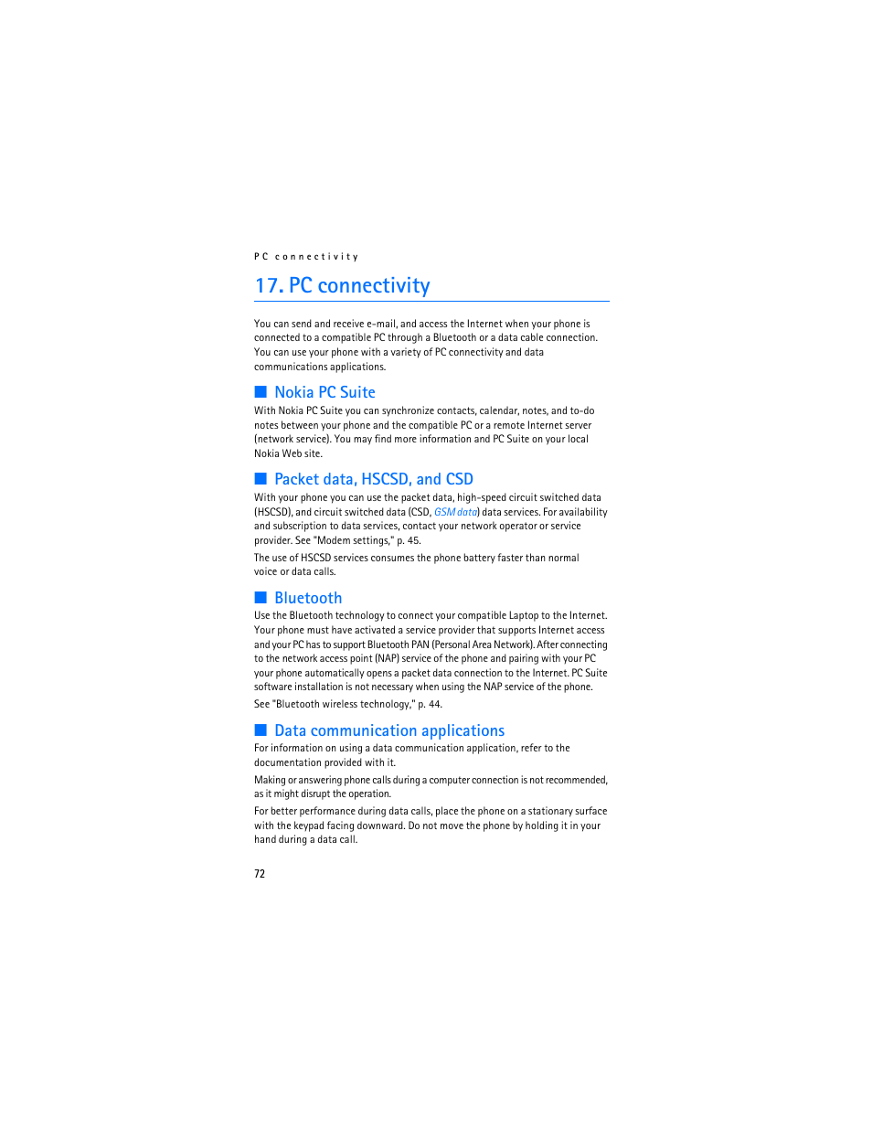 Pc connectivity, Nokia pc suite, Packet data, hscsd, and csd | Bluetooth, Data communication applications, Nokia pc suite," p. 72 | Nokia 7373 User Manual | Page 73 / 177