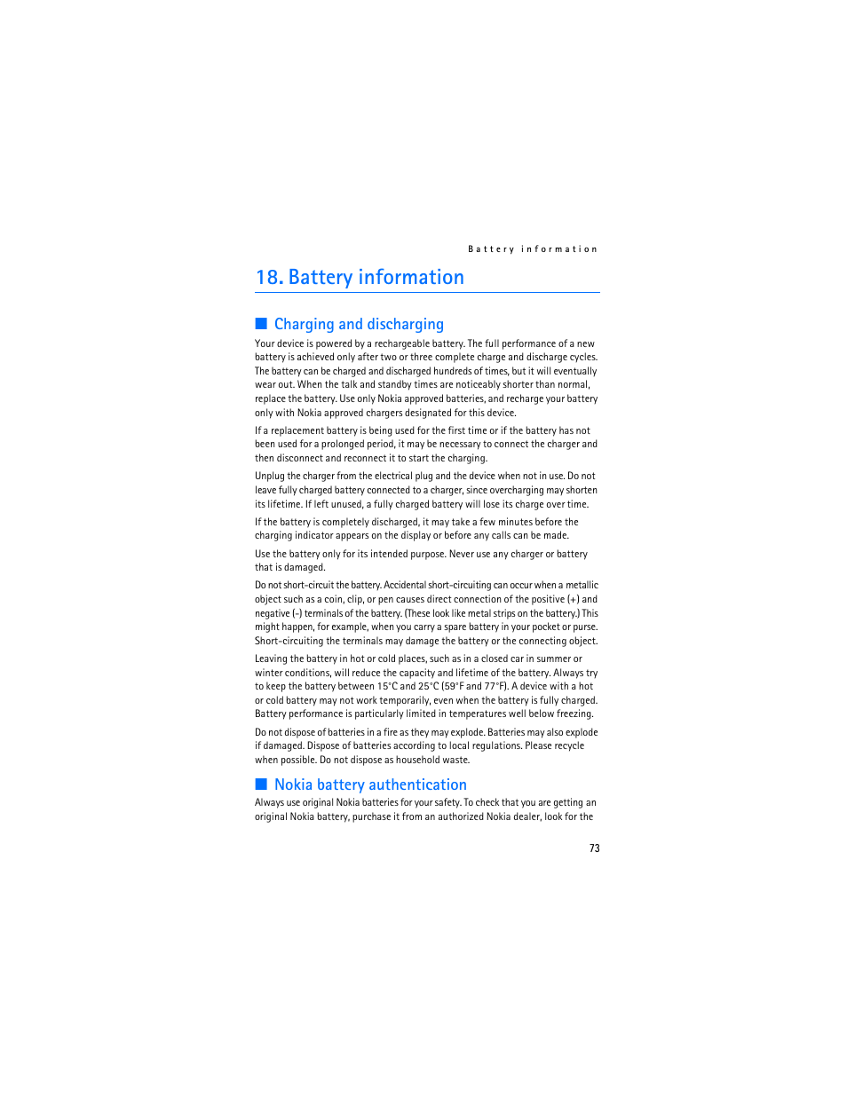 Battery information, Charging and discharging, Nokia battery authentication | Nokia 7373 User Manual | Page 74 / 177