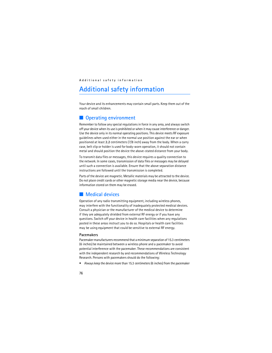 Additional safety information, Additional safety information 76, Operating environment | Medical devices | Nokia 7373 User Manual | Page 77 / 177