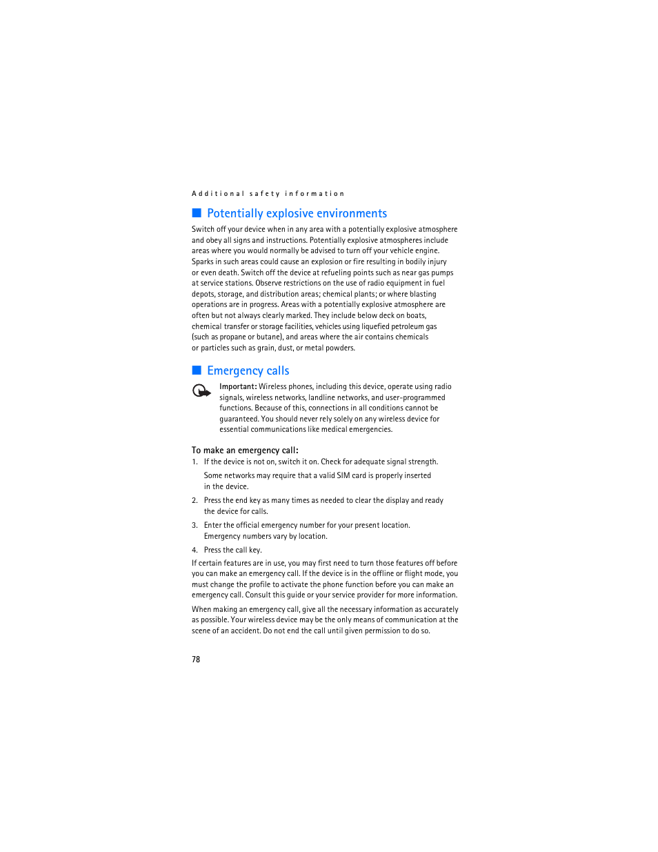 Potentially explosive environments, Emergency calls | Nokia 7373 User Manual | Page 79 / 177